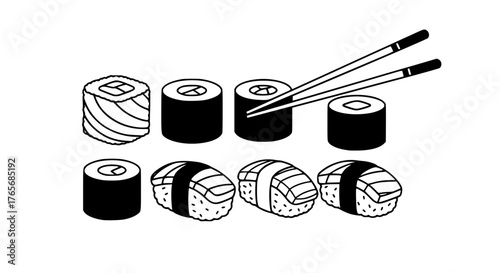 Vector of Japanese sushi rolls and chopsticks, minimal outline with clean lines