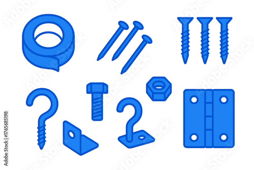 Seamless pattern of construction hardware elements including nails screws bolts hooks and hinge