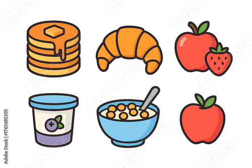 Collection of popular breakfast foods: pancakes, croissant, cereal, yogurt, and fresh fruit