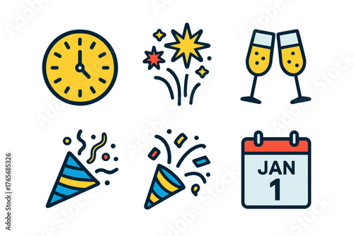 New Year celebration elements set featuring countdown clock, fireworks, champagne glasses, and party poppers
