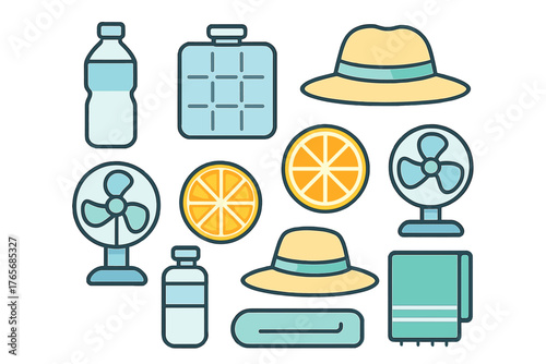 Essential items for summer heat relief including hydration, cooling devices, and sun protection accessories