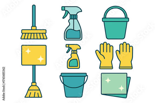 Assortment of colorful cleaning tools and supplies for domestic hygiene and sanitation tasks