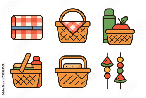 Colorful set of picnic essentials including baskets, blanket, thermos, and fruit kebabs