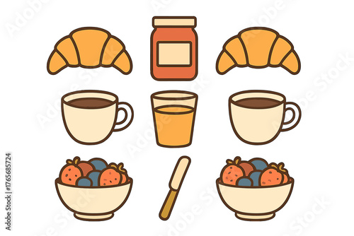 Classic breakfast collection featuring pastries, hot beverages, fruit, and preserves