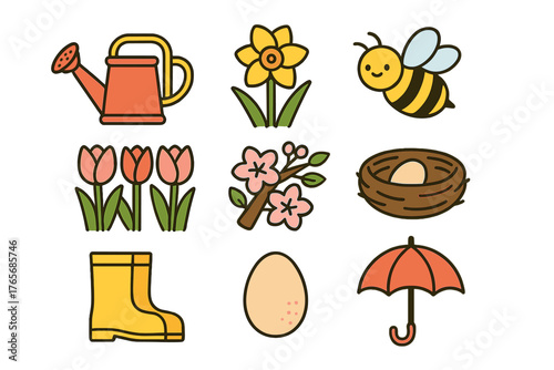 Cute spring season elements set featuring flowers, gardening tools, insects, and weather symbols