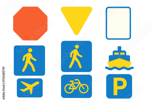 Universal traffic signs and transportation symbols including stop, yield, parking, pedestrian, and travel icons