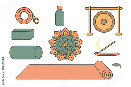 Yoga and meditation equipment set including mat, block, bolster, strap, gong, and mandala design