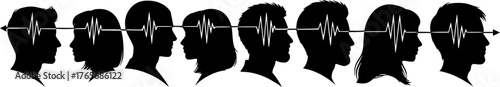 Collective Mental Health & Community Silhouette - Diverse Profiles Linked by Brainwave Black Vector