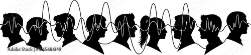 Collective Mental Health & Community Silhouette - Diverse Profiles Linked by Brainwave Black Vector