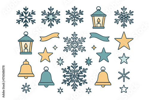 Flat design collection of winter holiday elements including snowflakes, lanterns, bells, and stars