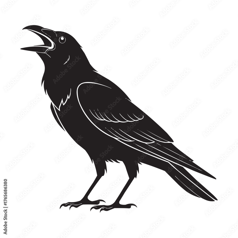 Fototapeta premium Black Crow Silhouette Vector Illustration on White Background. Perfect for Halloween designs, wildlife projects, gothic art, nature themes, tattoos, logos, and educational materials