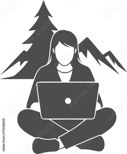 Digital Nomad Lifestyle Silhouette - Person Working Outdoors on Laptop Black Vector Icon for Remote Work & Freedom