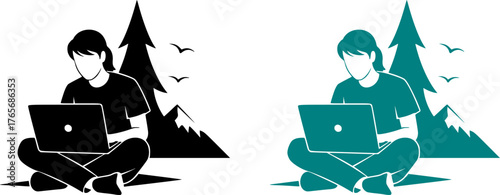 Digital Nomad Lifestyle Silhouette - Person Working Outdoors on Laptop Black Vector Icon for Remote Work & Freedom