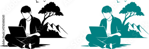 Digital Nomad Lifestyle Silhouette - Person Working Outdoors on Laptop Black Vector Icon for Remote Work & Freedom