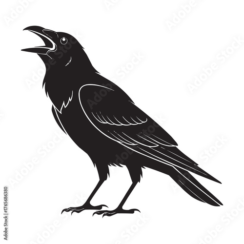 Black Crow Silhouette Vector Illustration on White Background. Perfect for Halloween designs, wildlife projects, gothic art, nature themes, tattoos, logos, and educational materials