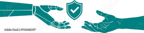 AI Ethics & Data Privacy Handshake Silhouette - Robot Hand with Shield Black Vector Icon for Responsible Technology