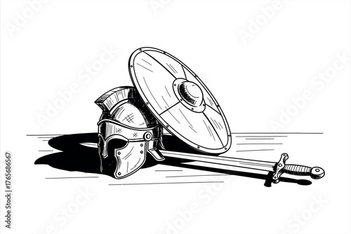 Ancient Helmet, Shield, and Sword