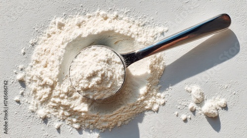 An metallic scoop of creatine monohydrate powder on a white table. Protein powder for training. Sports supplement, protein powder for training and for building muscle mass