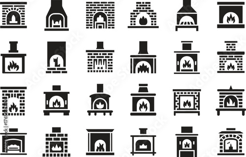 Christmas Fireplace and Hearth Icon Set - Winter Vector Illustration Isolate on White Background 
