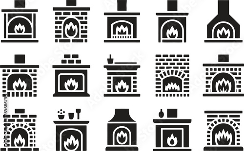 Winter Fireplace Icon Set - Cozy Christmas Vector Illustration Isolate on White Background 