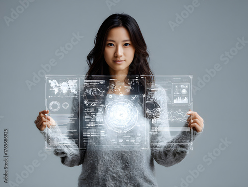 woman holding holographic chart