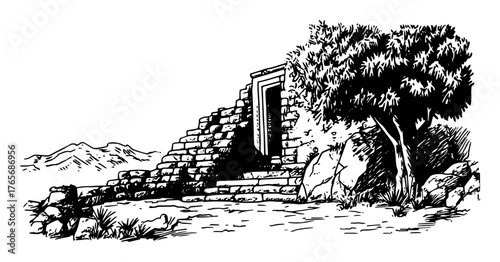 ancient stone ruins with old stairs and tree sketch