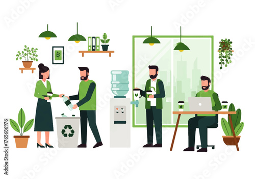 Eco-friendly office concept with colleagues sorting waste for recycling and promoting a sustainable and environmentally conscious corporate culture