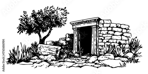 ancient stone tomb entrance with olive tree sketch
