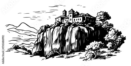old town on a high cliff hand drawn landscape sketch
