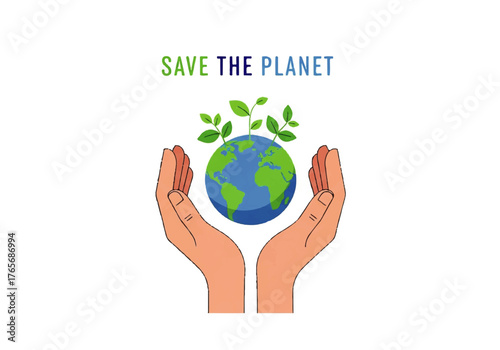 Hands Gently Cupping a Lush Green Planet Earth with Sprouting Leaves, Symbolizing Environmental Conservation and a Sustainable Future