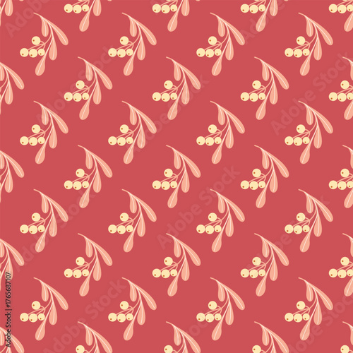 Seamless winter pattern with mistletoe branches and berries on a red isolated background. Elegant festive design for Christmas wrapping paper, textiles, and seasonal decoration projects.
