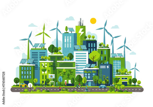 Green Cityscape Illustration of Sustainable Urban Environment with Wind Turbines and Solar Panels