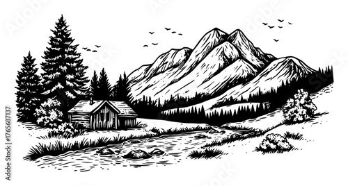 mountain landscape with cabin and river sketch vector