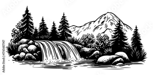 forest waterfall in the mountains sketch illustration