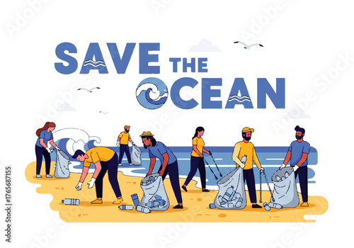 Community of dedicated volunteers collecting plastic waste and garbage from a sandy beach during an environmental cleanup event