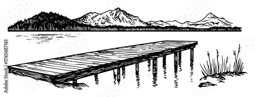 wooden pier jetty on mountain lake hand drawn