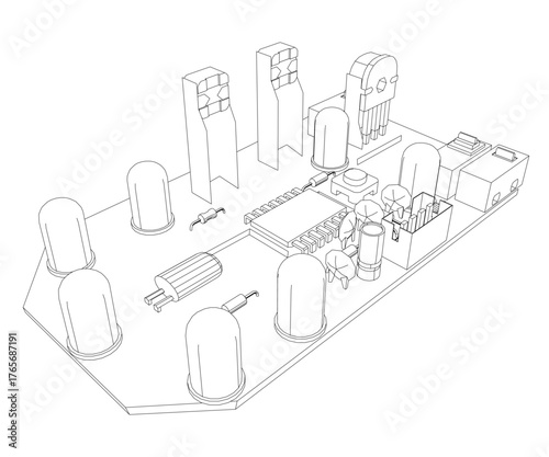 Black and white circuit board contour drawing with resistors, capacitors, transistors, and integrated circuits arranged neatly on a glossy rectangular surface.
