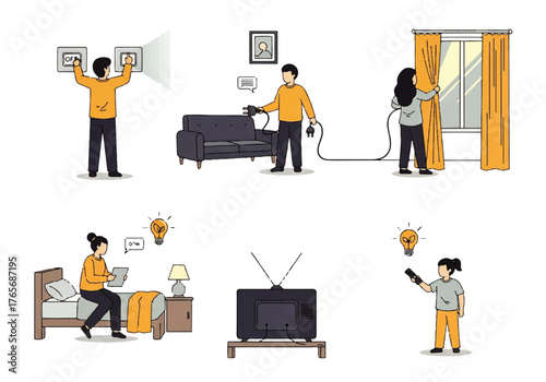 A collection of illustrations depicting various everyday domestic activities and household scenes, showing people at home doing chores and using technology
