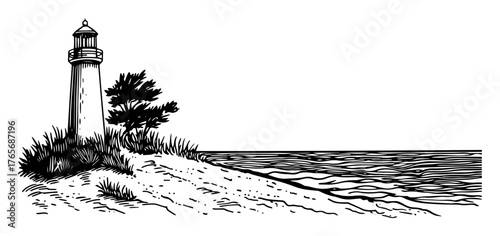 hand drawn coastal lighthouse on sandy shore illustration