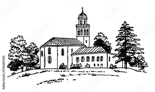historic countryside church with bell tower illustration