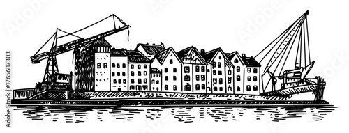 Canvas Print old sea port with cargo ship and waterfront houses sketch