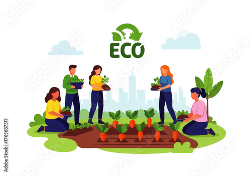 Cultivating sustainability People planting vegetables in an urban eco-garden with a city skyline in the background