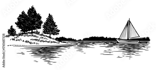 hand drawn sailboat on tranquil lake landscape illustration