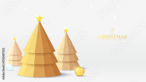 Merry christmas banner or New Year background with christmas tree and decoration balls on the stage. Festive holiday illustration. perfect for greeting card, banner, and seasonal promotion