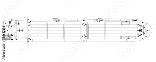 Container ship blueprint with detailed contour lines displays the vessel's hull, deck structure, and container arrangement. This technical drawing is ideal for maritime design concepts. Top view