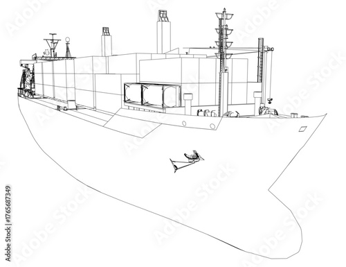 Container ship contour drawing in black and white on a plain background, featuring a detailed hull, superstructure, and stacked containers. This minimalist illustration is ideal for design projects.