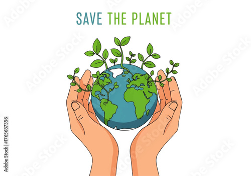 Save the Planet Hands Holding Earth with Green Plants, Eco-Friendly Initiative