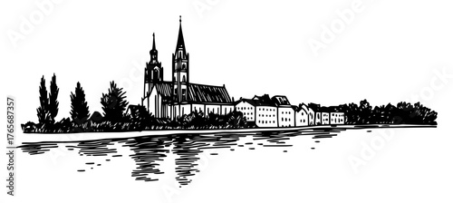 gothic cathedral town skyline by river illustration