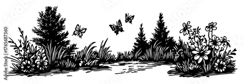 forest path with wild flowers and butterflies sketch