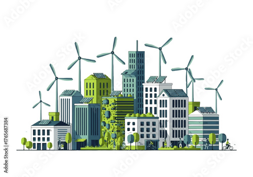 Eco-friendly city illustration with wind turbines and green buildings
